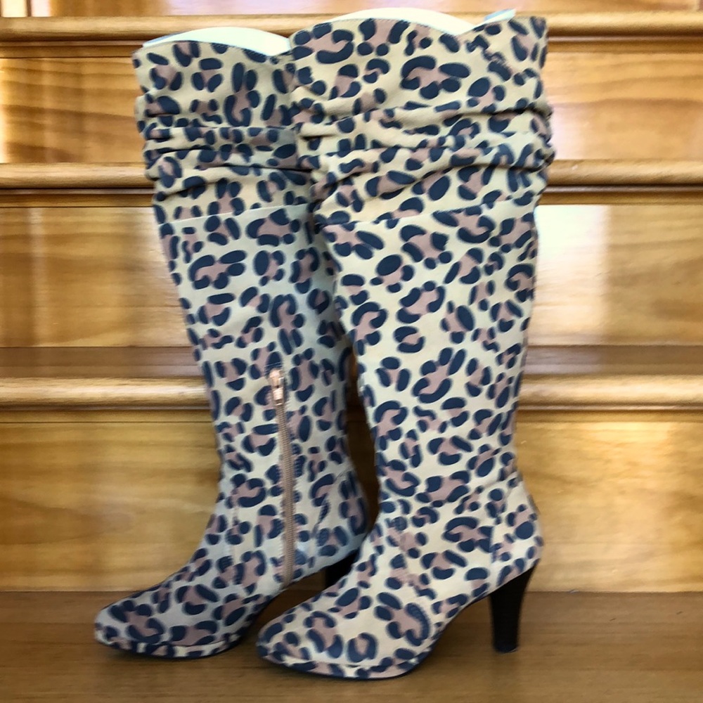 Leopard Boots - leather uppers, man made material size 6M